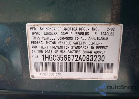 2002 Honda Accord 2.3 Ex from USA, damaged, VIN 1HGCG56672A093230